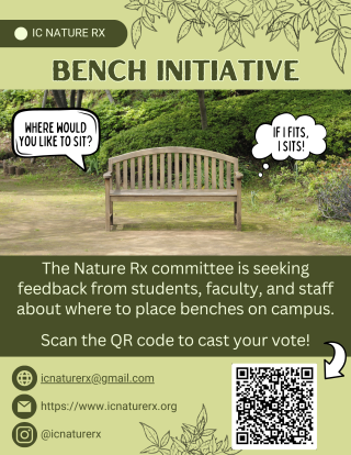 Image of bench with links to Nature Rx resources and QR code to bench initiative survey