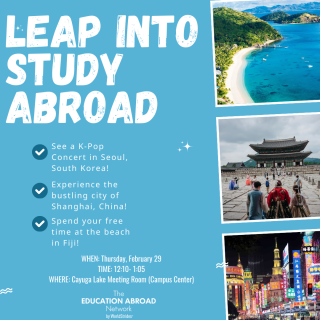 White text on a blue background reads "Leap into study abroad". Photos along the right edge of the image show a beautiful, tropical beach in Fiji, a temple in South Korea, and a bustling nightime city street view in Seoul, with lots of neon lights, tall buildings, and people.