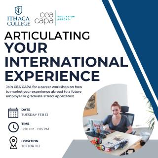 A student sitting at a desk in front of a laptop. Text reads: "Articulating Your International Experience"