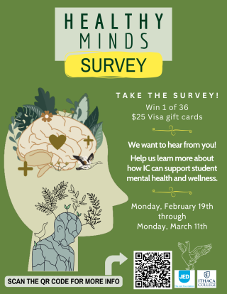 Flyer with green background and side view of person's head. Flyer contains information about healthy minds survey and includes QR code to the HMS website.