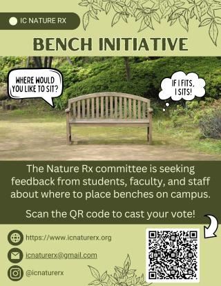 Image of bench in a wooded area. Image includes a QR code to the Nature Rx Bench Initiative survey. Follow QR code by scanning the image with phone