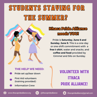 A poster recruiting volunteers for Ithaca Pride reads" Students staying or the summer? Ithaca Pride Alliance needs YOU!"