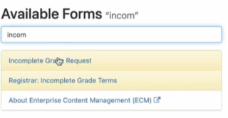 screenshot of ICworkflow for Incomplete Grade Form