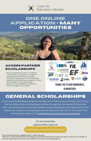 Poster for the Fund for Education Abroad scholarship opportunities. Text details can be found in Intercom announcement.