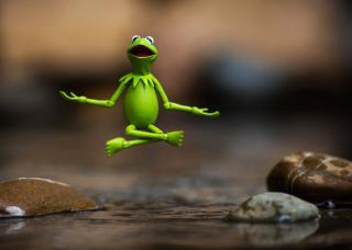 A picture of Kermit the Frog levitating in the air while meditating.