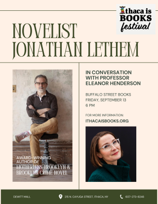 Poster featuring author photos of Jonathan Lethem and Eleanor Henderson