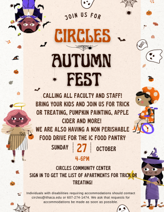 A flyer with informative text about Circles Autumn Fest. Four kid characters are shown dressed up in Halloween costumes and are surrounding the text of the flyer. In the background are spider webs, ghosts, pumpkins, leaves, and bats.