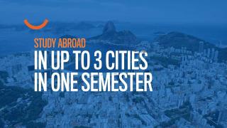 An image of a city with text over it, reading "Study abroad in up to 3 cities in one semester"