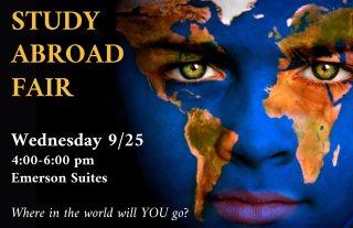 An unsmiling face with the image of a world map painted on it.  Text reads: "Study Abroad Fair, Wednesday 9/25, 4:00-6:00 pm, Emerson Suites.  Where in the world will you go?"