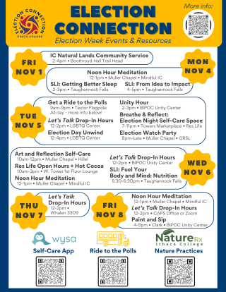 A flyer listing all of the Election Connection events, with QR codes at the bottom linked to resources.