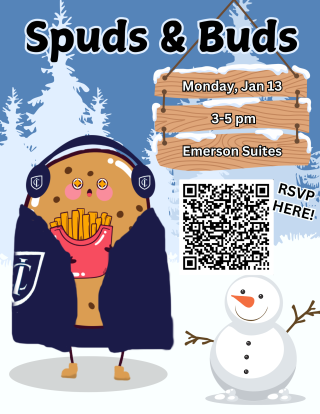 a winter background with a potato in a blanket in the foreground. A snowman and QR code to the potato's right. Spuds and Buds January 13 from 3 to 5 pm in Emerson Suites.